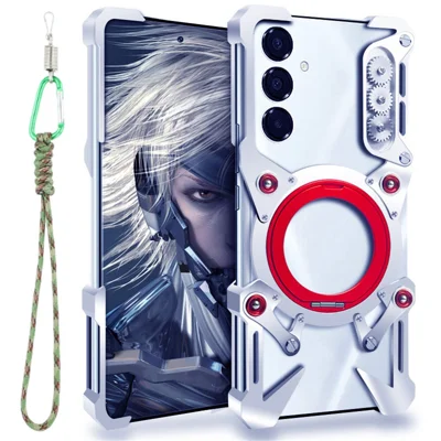 For Samsung Galaxy A16 4G / 5G / A18 4G / A18 5G / A17 4G / A17 5G / A26 5G Bumper Case Kickstand Aluminum Alloy Magnetic Phone Cover with Wrist Strap - Silver