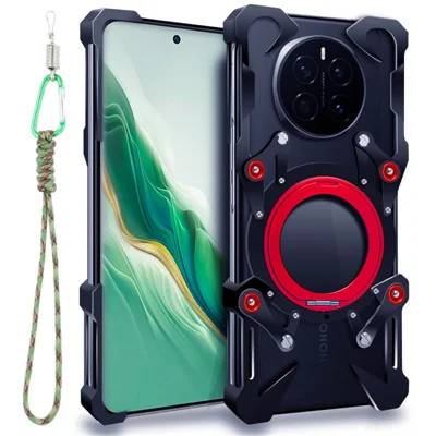 For Honor Magic7 5G Bumper Case Kickstand Aluminum Alloy Magnetic Phone Cover with Wrist Strap - Black