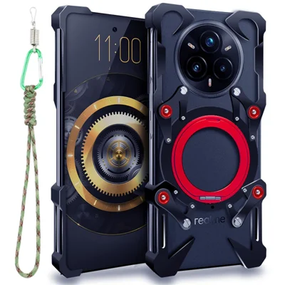 For Realme 14 Pro 5G Bumper Case Kickstand Aluminum Alloy Magnetic Phone Cover with Wrist Strap - Black