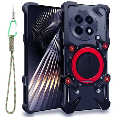 For OnePlus 13 Bumper Case Kickstand Aluminum Alloy Magnetic Phone Cover with Wrist Strap - Black