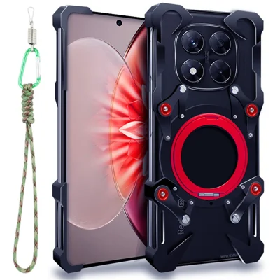 For Xiaomi Redmi Note 14 Pro 4G / 5G / Note 14 Pro+ 5G Bumper Case Kickstand Aluminum Alloy Magnetic Phone Cover with Wrist Strap - Black