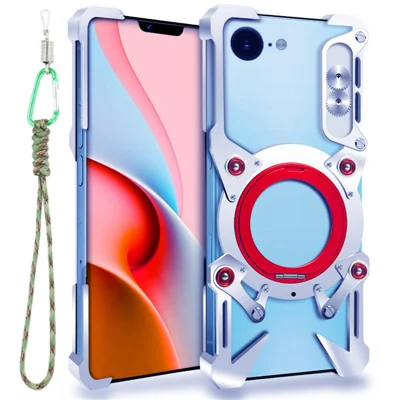 Bumper Case For iPhone 17e / 16e / 15 Pro / 14 / 13 / 13 Pro / 12 / 12 Pro , Kickstand Aluminum Alloy Magnetic Phone Cover with Wrist Strap - Silver