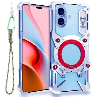 Bumper Case For iPhone 16 / 15 / 14 Pro , Kickstand Aluminum Alloy Magnetic Phone Cover with Wrist Strap - Silver