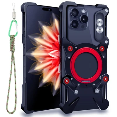 For iPhone 18 Pro / 17 Pro / 17 / 16 Pro Bumper Case Kickstand Aluminum Alloy Magnetic Phone Cover with Wrist Strap - Black