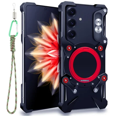 Bumper Case For Samsung Galaxy S25 / S24 / S23 , Kickstand Aluminum Alloy Magnetic Phone Cover with Wrist Strap - Black