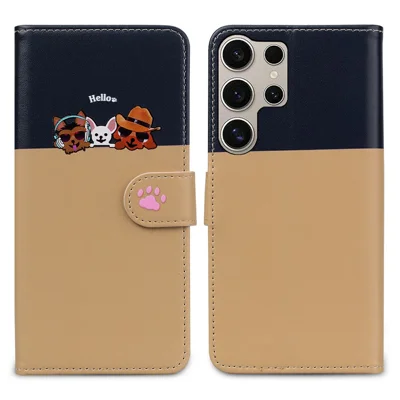 Cartoon Pet Series for Samsung Galaxy S25 Ultra Wallet Phone Case Splicing Leather Flip Cover - Khaki