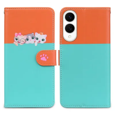 Cartoon Pet Series for Samsung Galaxy S25 Edge Wallet Phone Case Splicing Leather Flip Cover - Sky Blue