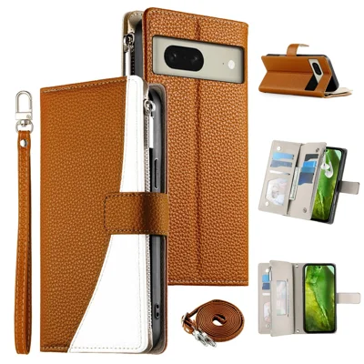 For Google Pixel 8 Case Zipper Wallet Color Splicing Leather Flip Phone Cover with Straps - Brown