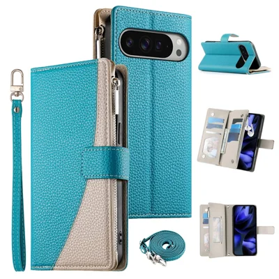 For Google Pixel 10 Pro XL  /  Pixel 9 Pro XL Case Zipper Wallet Color Splicing Leather Flip Phone Cover with Straps - Lake Blue