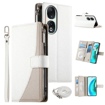 For Honor 90 Case Zipper Wallet Color Splicing Leather Flip Phone Cover with Straps - White