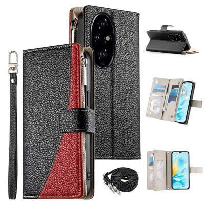 For Honor 200 Pro 5G Case Zipper Wallet Color Splicing Leather Flip Phone Cover with Straps - Black