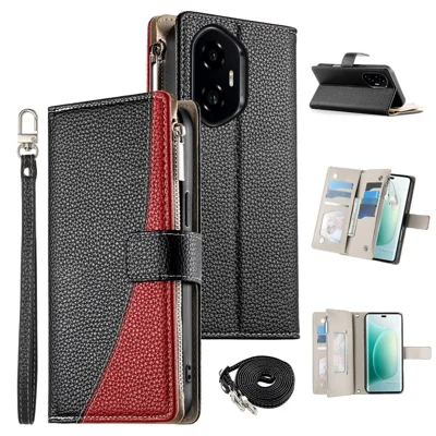 For Honor 300 Case Zipper Wallet Color Splicing Leather Flip Phone Cover with Straps - Black