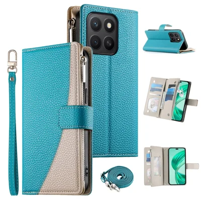 Voor Honor X8c 4G hoesje met rits portemonnee Kleurcombinatie Leren ophaalklep hoesje met bandjes - Hemelsblauw