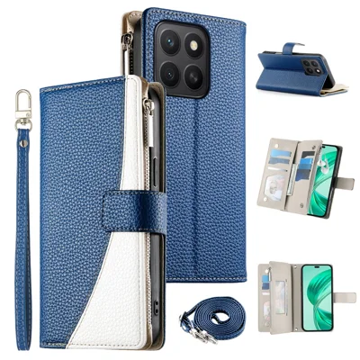 Voor Honor X8c 4G Hoesje Rits Portemonnee Kleur Aan elkaar genaaid Leren Flip Hoesje met Bandjes - Donkerblauw