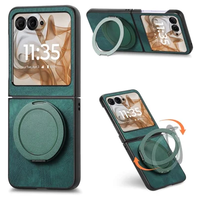 Rotating Kickstand Case for Motorola Razr 70 / 60 / 50 5G / Razr 2026 / 2025 / 2024 Stress Relief Retro Leather Back Cover - Green