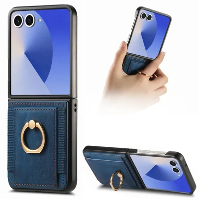 För Samsung Galaxy Z Flip7 5G Mobilskal Läderskydd med Kortfack Vinklingsstöd - Blå