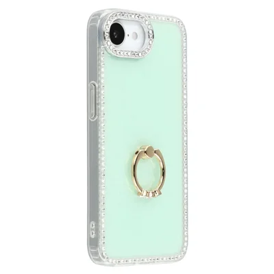 For iPhone 17e / 16e Case with Ring Kickstand Rhinestone Edge TPU + PC IMD Phone Cover - Glitter Light Green