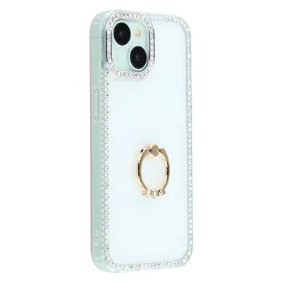 For iPhone 14 / 13 Case with Ring Kickstand Rhinestone Edge TPU + PC IMD Phone Cover - Glitter White