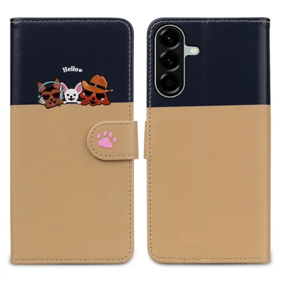Cartoon Pet Series for Samsung Galaxy A56 5G Wallet Phone Case Splicing Leather Flip Cover - Khaki