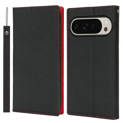 For Google Pixel 10 Pro XL Wallet Case Genuine Cow Leather Phone Cover Litchi Texture - Black