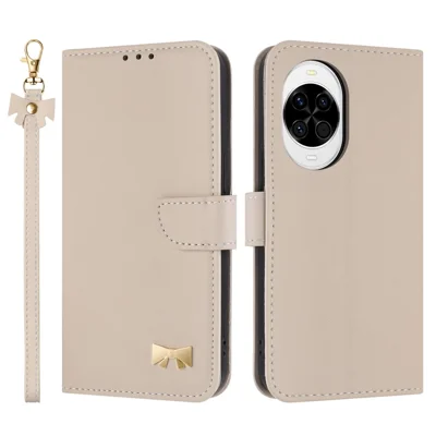 For Huawei nova 14 5G Case Bowknot Decor Wallet Leather Phone Cover with Wrist Strap - Khaki