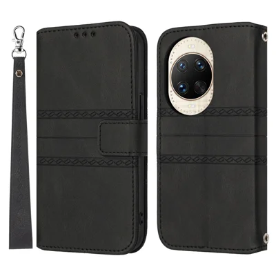 For Huawei nova 14 Ultra 5G Case Wallet Skin-Touch Leather Imprinted Phone Cover with Wrist Strap - Black