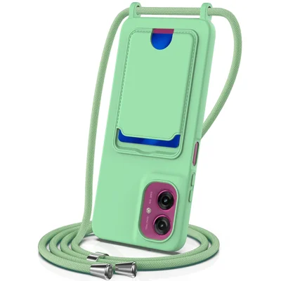 For Motorola Moto G55 5G Case Liquid Silicone Card Holder Back Phone Cover with Lanyard - Green