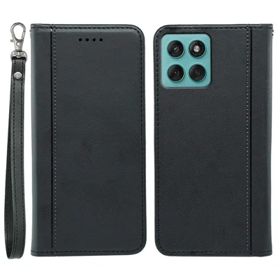 For Motorola Edge 60 Fusion 5G Wallet Case Magnetic Closing PU Leather Phone Cover with Wrist Strap - Black