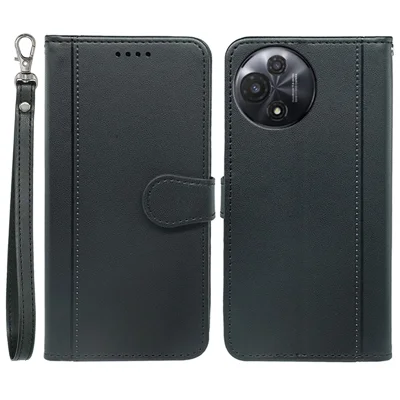 For TCL 60R 5G Wallet Case Magnetic Snap Leather Phone Cover with Strap - Black