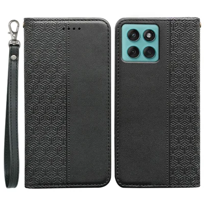 For Motorola Edge 60 Fusion 5G Wallet Phone Case Checkered Pattern Imprint Leather Flip Cover with Wrist Strap - Black