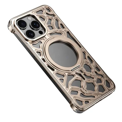 For iPhone 16 Pro Max Bumper Case Alloy Metal Borderless Back Cover with Magnetic Kickstand - Desert Gold