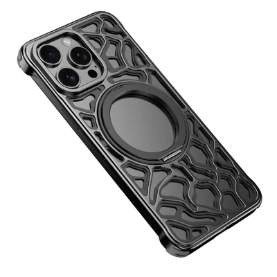 For iPhone 16 Pro Bumper Case Alloy Metal Borderless Back Cover with Magnetic Kickstand - Black