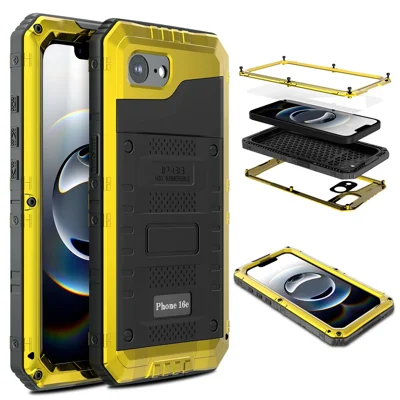 IP68 Waterproof Phone Case for iPhone 17e / 16e Metal + Silicone Cover with Screen Protector - Yellow