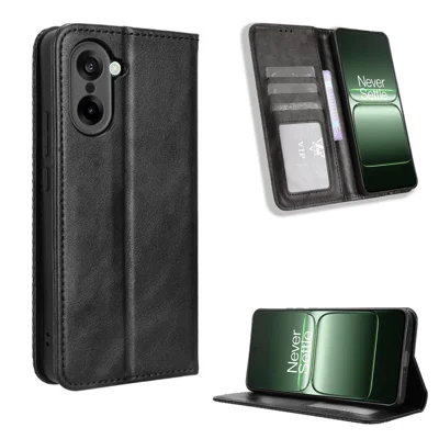 For OnePlus Nord CE5 5G / Ace 5 Racing 5G Leather Case Wallet Stand Retro Texture Phone Cover - Black