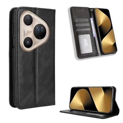 For Huawei Pura 80 Ultra Leather Case Wallet Stand Retro Texture Phone Cover - Black