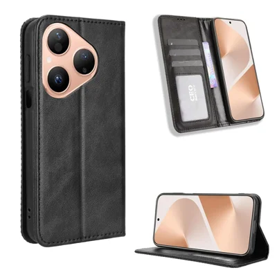 Etui skórzane z portfelem i podstawką do Huawei Pura 80, retro faktura, pokrowiec na telefon - Czarny