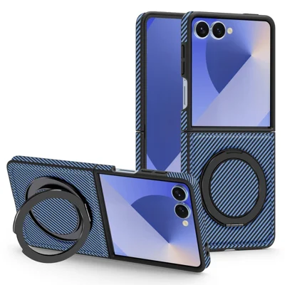 Magnetisk för Samsung Galaxy Z Flip7 5G, skärmskydd i kolfiberstrukturerat PU och TPU med ställfunktion - Blå