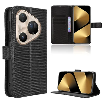 For Huawei Pura 80 Pro+ / Huawei Pura 80 Pro Leather Wallet Case with Strap Diamond Texture Phone Cover - Black