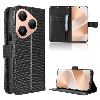 Etui portfelik z paskiem z bawełny do Huawei Pura 80, pokrywka z diamentowym wzorem - Czarny