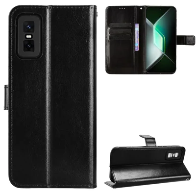 For Infinix GT 30 Pro 5G PU Leather Case with Strap Crazy Horse Texture Phone Wallet Cover - Black