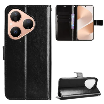 Futerał z syntetycznej skóry PU do Huawei Pura 80 z paskiem, tekstura crazy horse, etui portfelowe do telefonu - Czarny