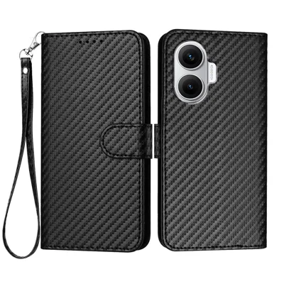 For Xiaomi Poco F7 5G / Redmi Turbo 4 Pro 5G Wallet Case with Strap Carbon Fiber Texture Leather Mobile Cover - Black