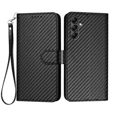 For Samsung Galaxy A18 5G / A18 4G / A17 5G / A17 4G / A26 5G / A16 5G / A16 4G Wallet Case with Strap Carbon Fiber Texture Leather Mobile Cover - Black