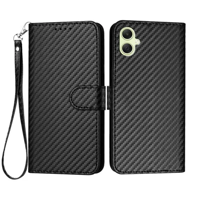 For Samsung Galaxy A08 5G / A08 4G / A07 4G / A06 4G / A06 5G Wallet Case with Strap Carbon Fiber Texture Leather Mobile Cover - Black