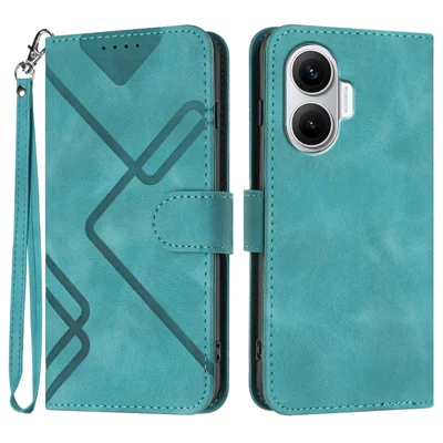 For Xiaomi Poco F7 5G / Redmi Turbo 4 Pro 5G Wallet Case Line Imprinted PU Leather Phone Cover with Strap - Light Blue