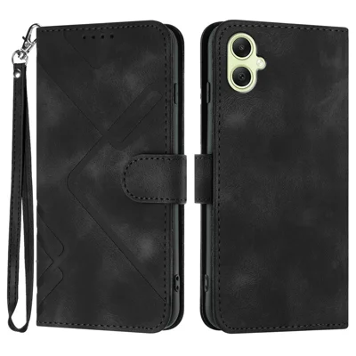 For Samsung Galaxy A08 5G / A08 4G / A07 4G / A06 4G / A06 5G Wallet Case Line Imprinted PU Leather Phone Cover with Strap - Black