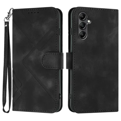 For Samsung Galaxy A18 5G / A18 4G / A17 5G / A17 4G / A26 5G / A16 5G / A16 4G Wallet Case Line Imprinted PU Leather Phone Cover with Strap - Black