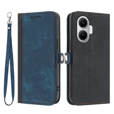 For Xiaomi Poco F7 5G / Redmi Turbo 4 Pro 5G PU Leather Case with Strap Phone Cover Stand Side Magnetic Button Design - Black+Royal Blue