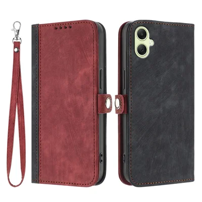 For Samsung Galaxy A08 5G / A08 4G / A07 4G / A06 4G / A06 5G PU Leather Case with Strap Phone Cover Stand Side Magnetic Button Design - Black+Red