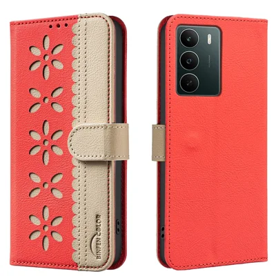 BINFEN COLOR For Realme C71 4G Leather Case  BF36 Floral Pattern Phone Cover RFID Blocking Wallet Stand - Red